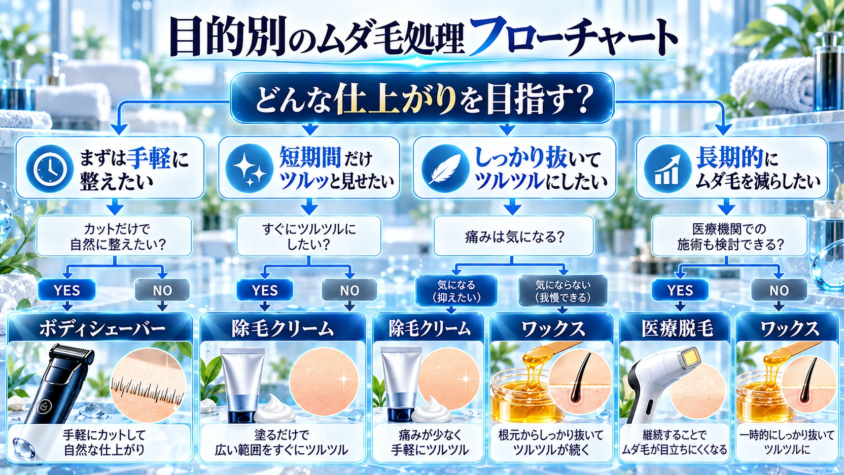 男性のムダ毛処理方法を目的に応じて選ぶフローチャート