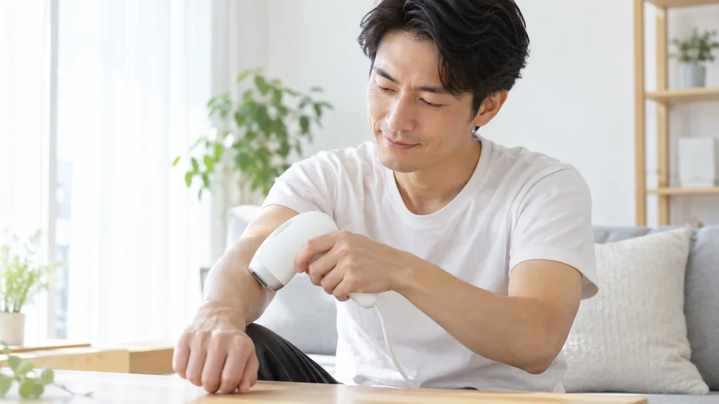 自宅で家庭用光美容器を使って腕のムダ毛ケアをする男性