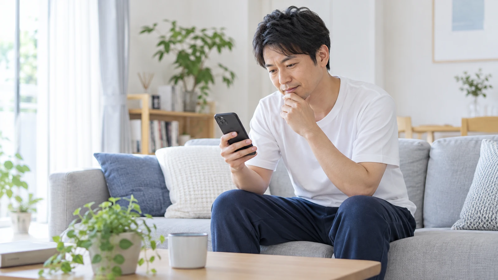 メンズVIO脱毛の範囲や仕上がりをスマートフォンで調べる男性