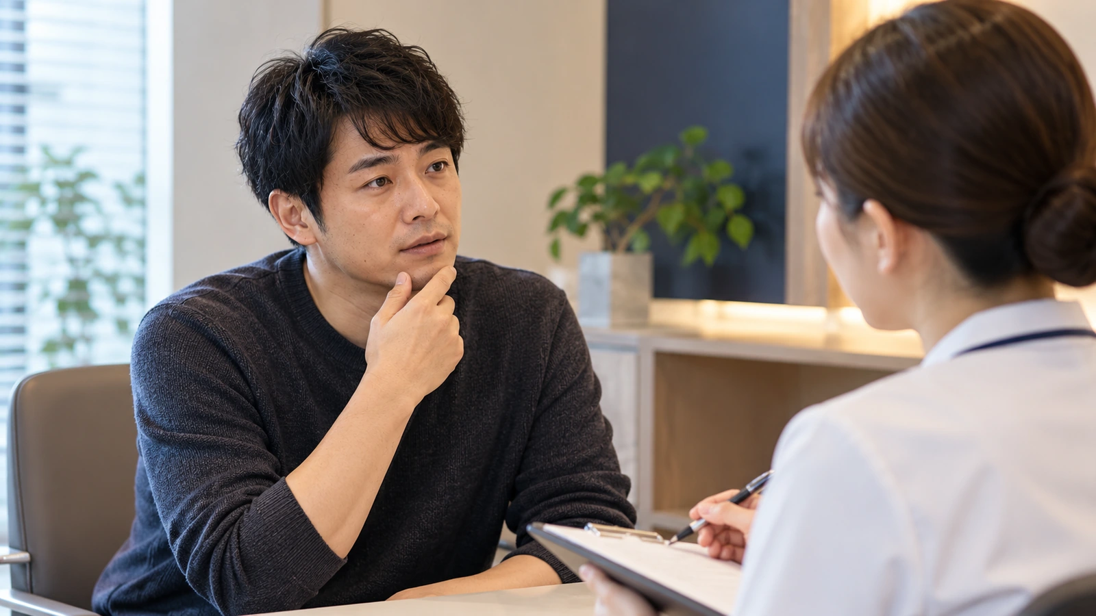 VIO脱毛のスタッフや施術への不安についてカウンセリングで相談する男性