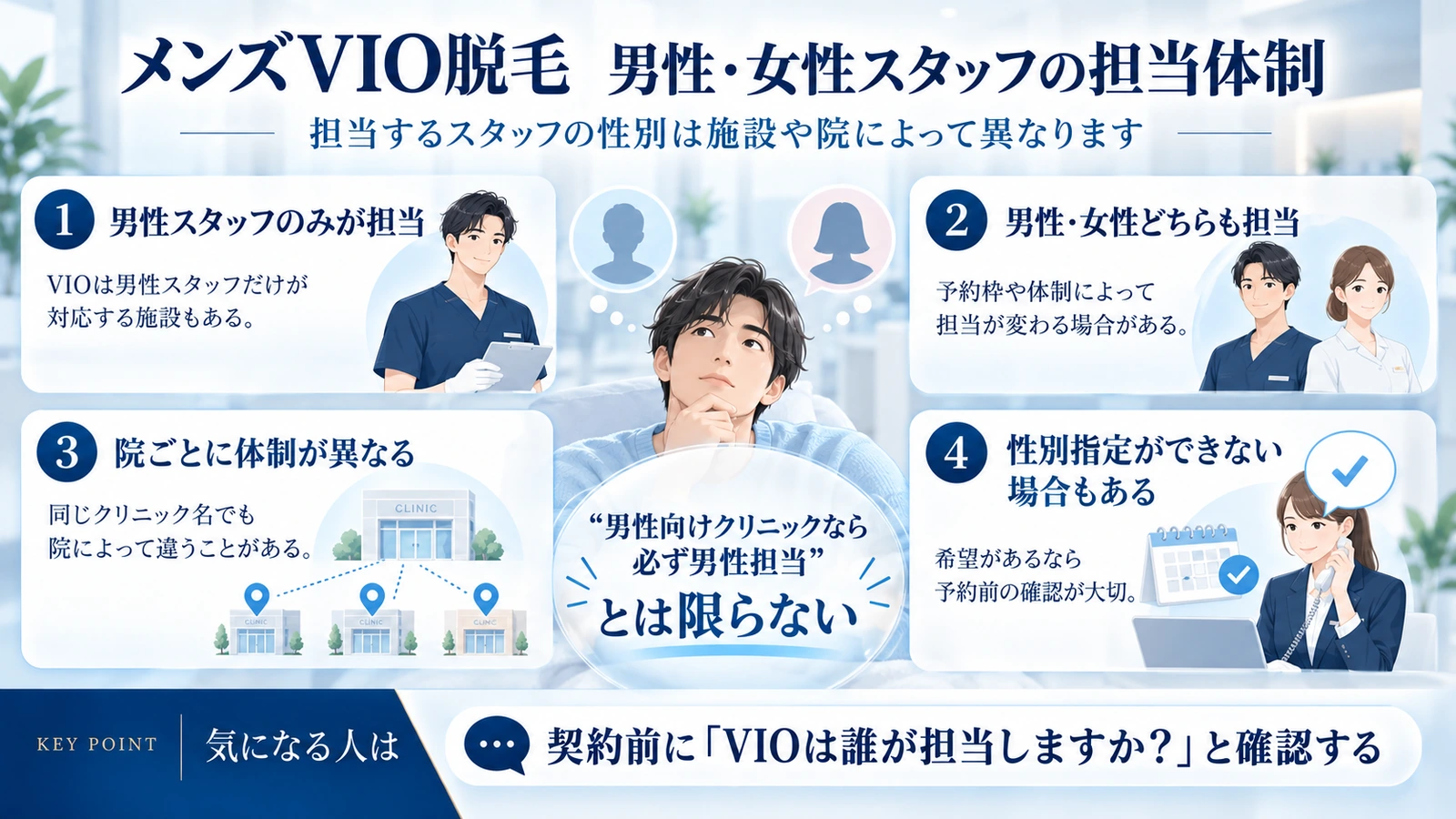 男性・女性スタッフのVIO脱毛担当方針の違いを示した図解