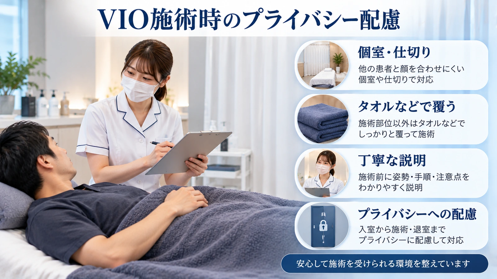 女性スタッフが男性患者に説明し、タオルと仕切りでプライバシーに配慮するVIO脱毛施術室